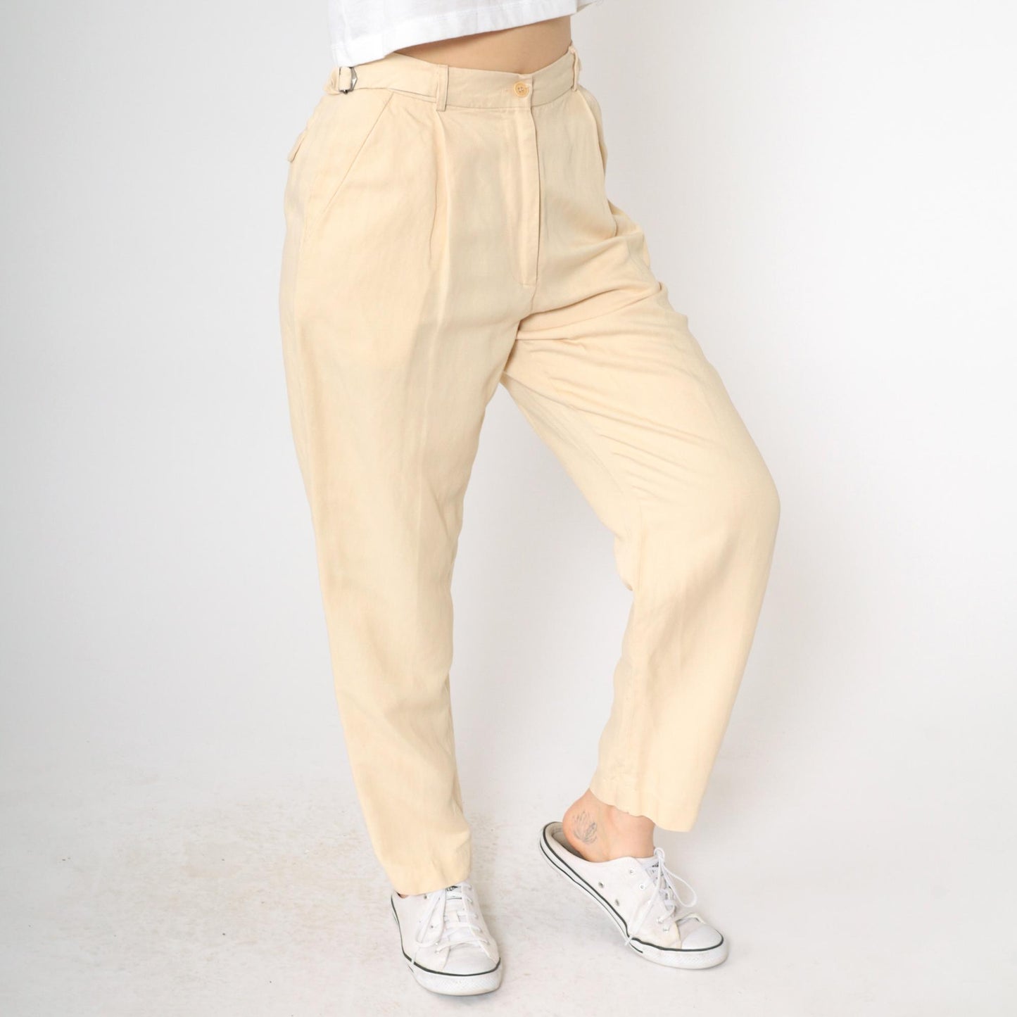 90s Calvin Klein Light Yellow Viscose Linen Pleated High-Waist Tapered Trousers Small 6