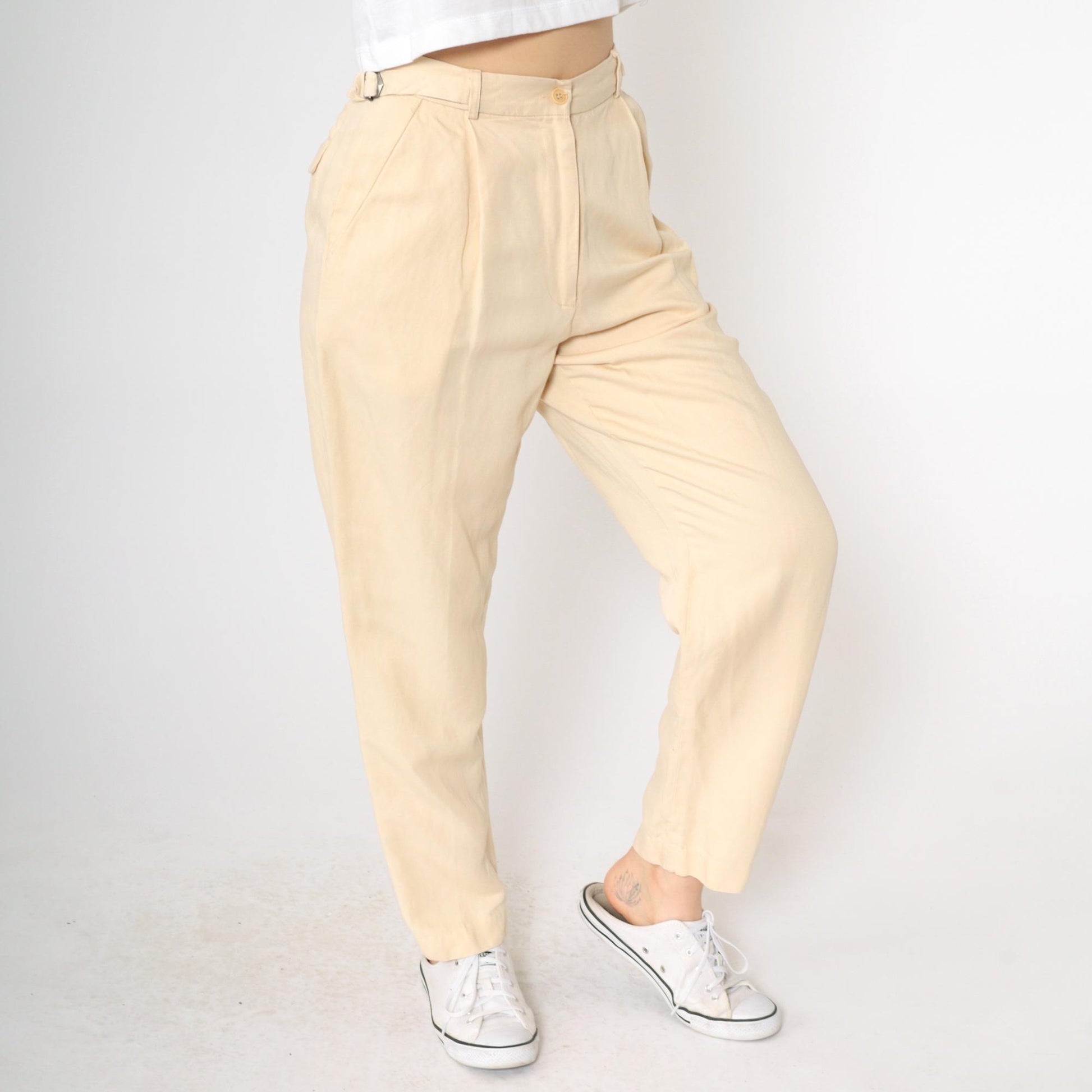 90s Calvin Klein Light Yellow Viscose Linen Pleated High-Waist Tapered Trousers Small 6