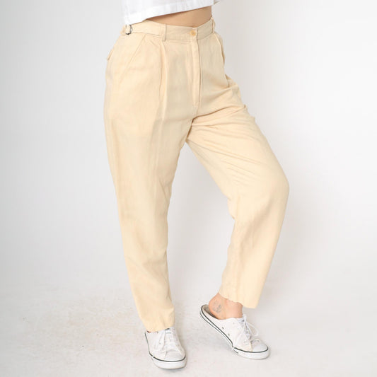 90s Calvin Klein Light Yellow Viscose Linen Pleated High-Waist Tapered Trousers Small 6