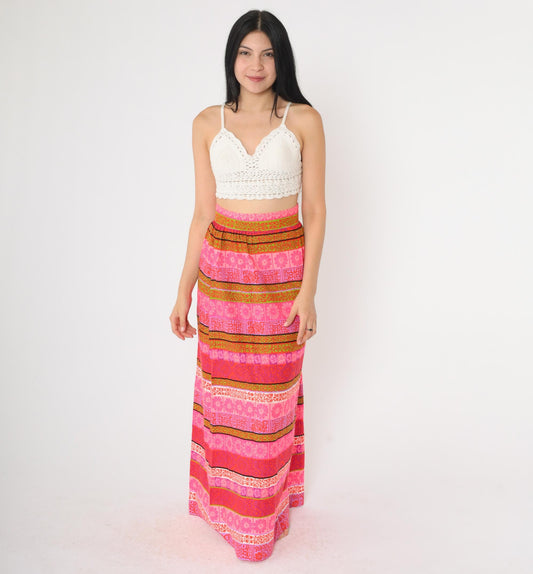 70s Floral Striped Maxi Skirt High Waist Hot Pink Olive Purple Small S