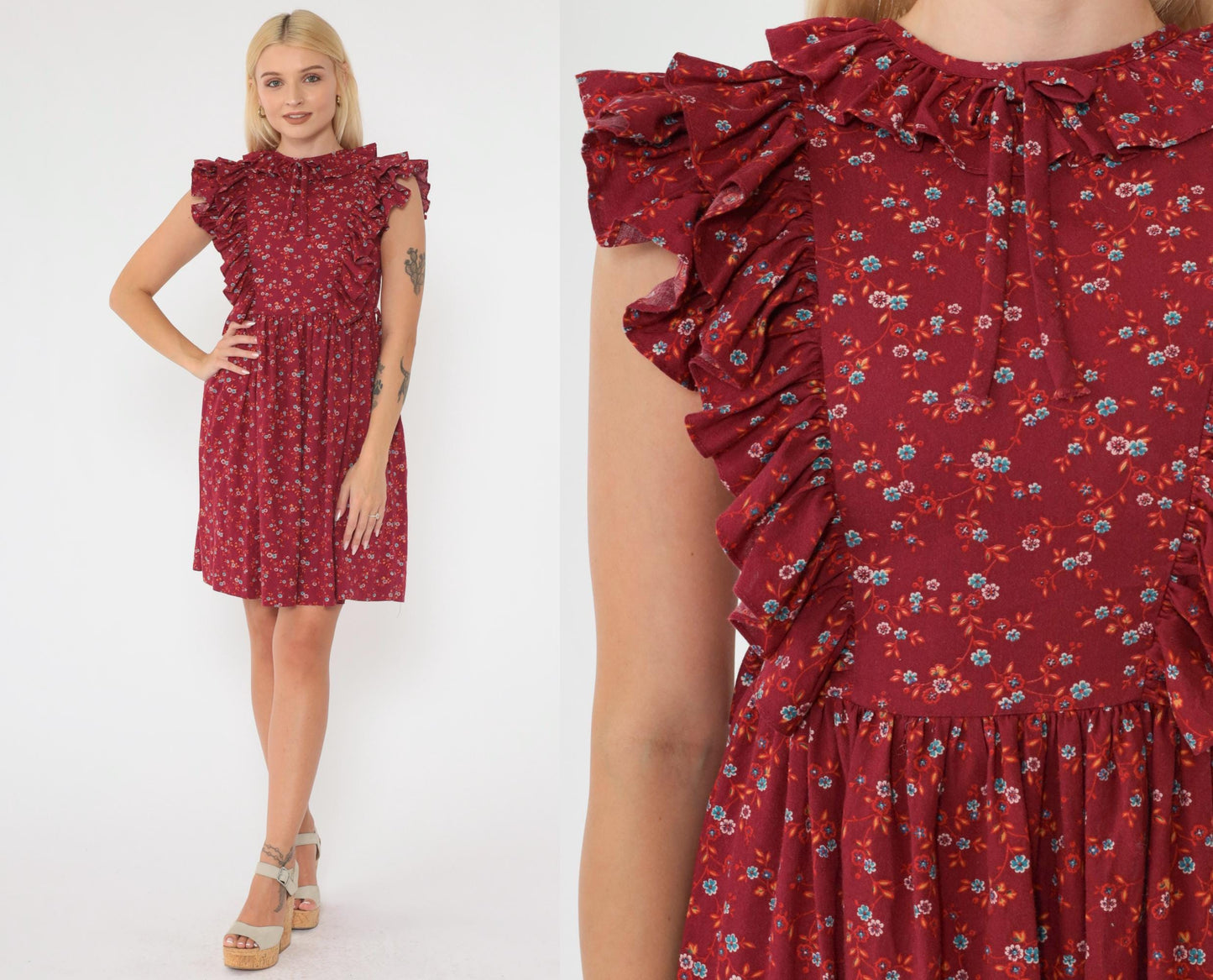 70s Kim Originals Floral Ruffle Mini Dress Burgundy High Waist Bow Neck 2XS