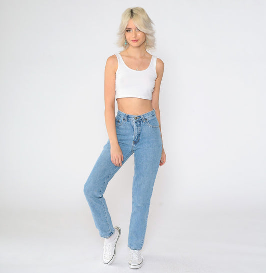90s Express High Rise Slim Straight Jeans Blue Denim Small 3/4