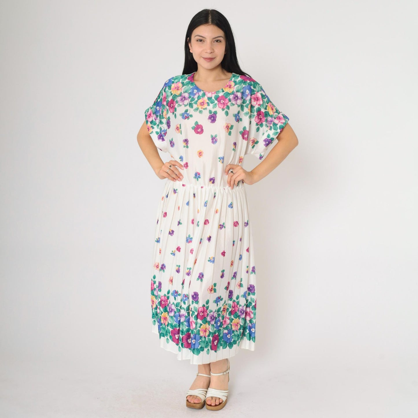 80s Floral Midi Dress White Multicolor Pleated High Waist Short Sleeve Extra Large