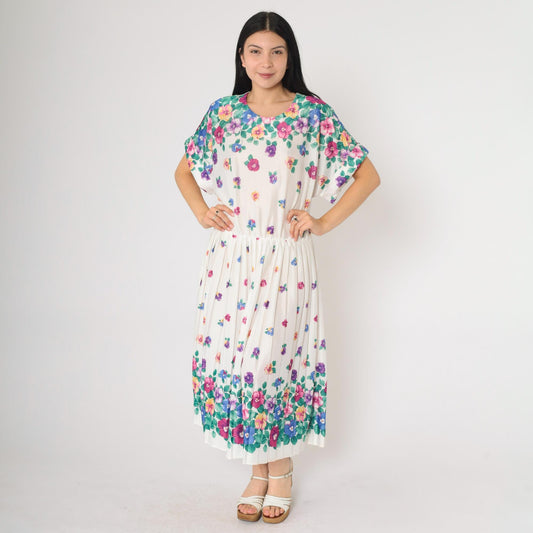 80s Floral Midi Dress White Multicolor Pleated High Waist Short Sleeve Extra Large