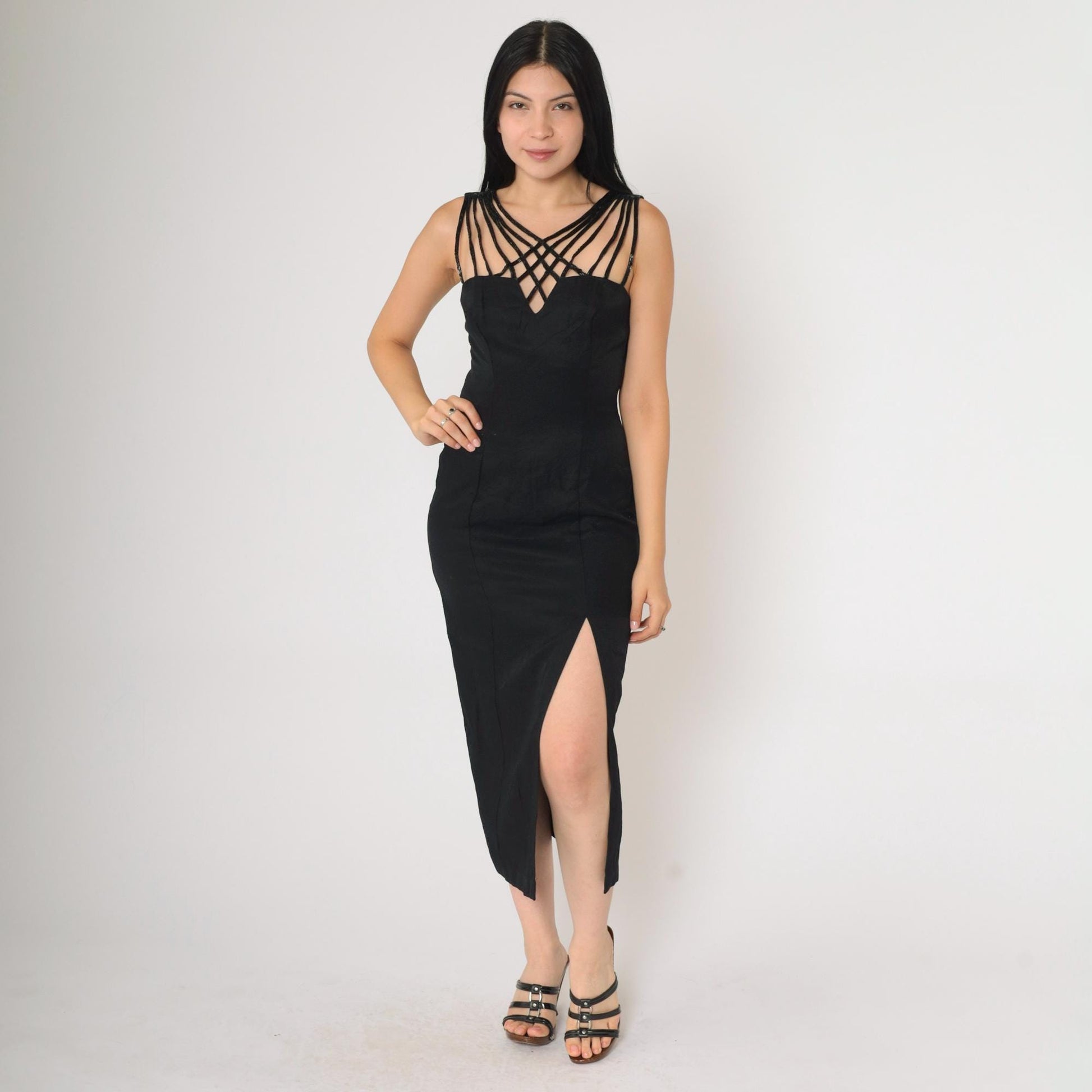 90s Zum Zum Black Beaded Cage Neckline Midi Dress Extra Small XS