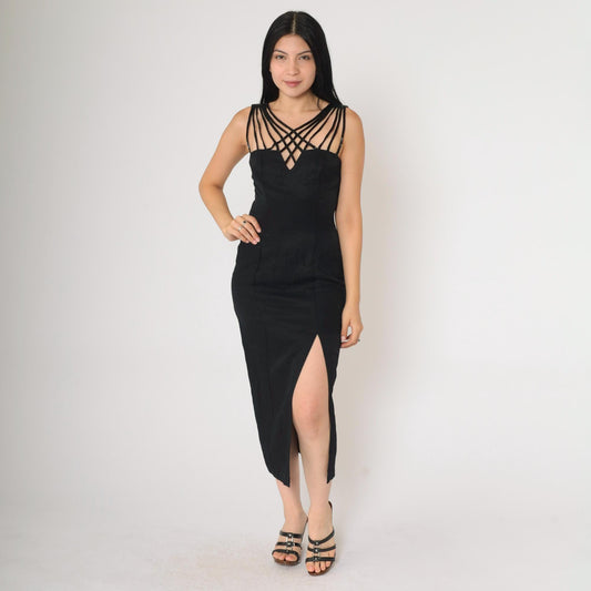 90s Zum Zum Black Beaded Cage Neckline Midi Dress Extra Small XS
