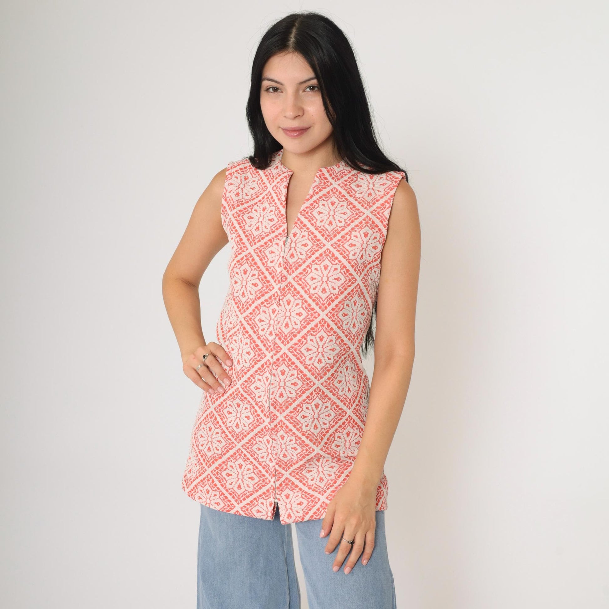 70s Peck & Peck Floral Tank Top Sleeveless Front Zip Polyester Orange Small S