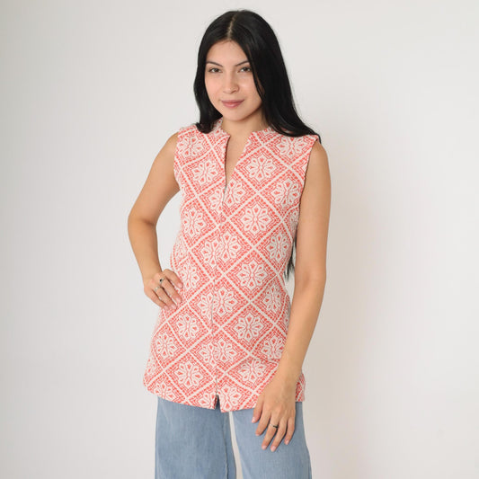 70s Peck & Peck Floral Tank Top Sleeveless Front Zip Polyester Orange Small S