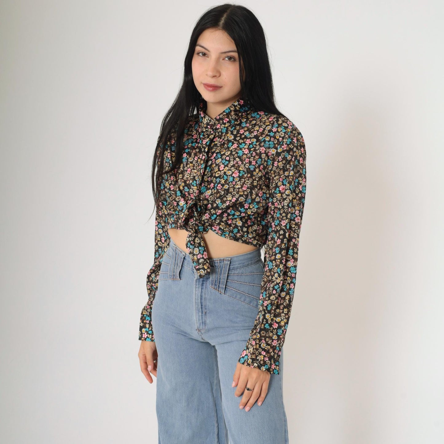 70s Calico Floral Black Button-Up Shirt Long Sleeve Flower Print Medium