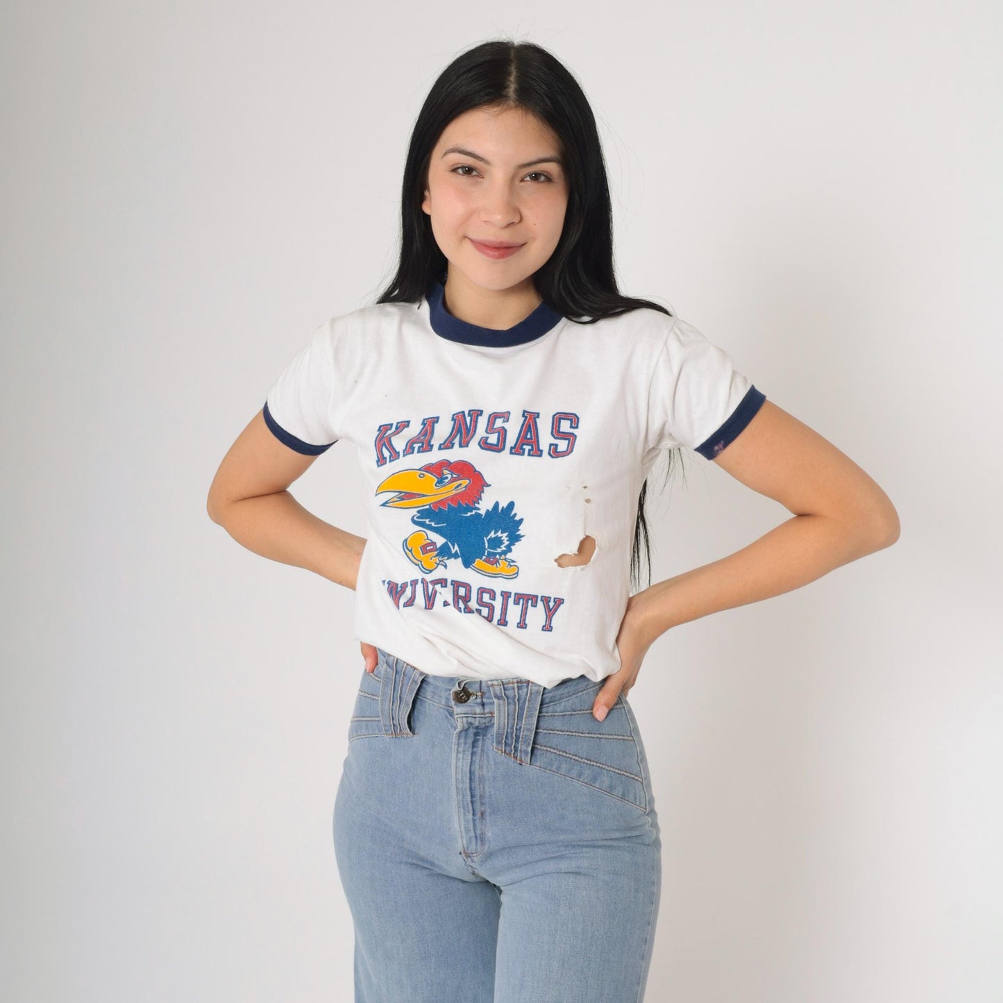 80s University of Kansas Jayhawks Ringer Tee White Graphic Athletic Shirt Small
