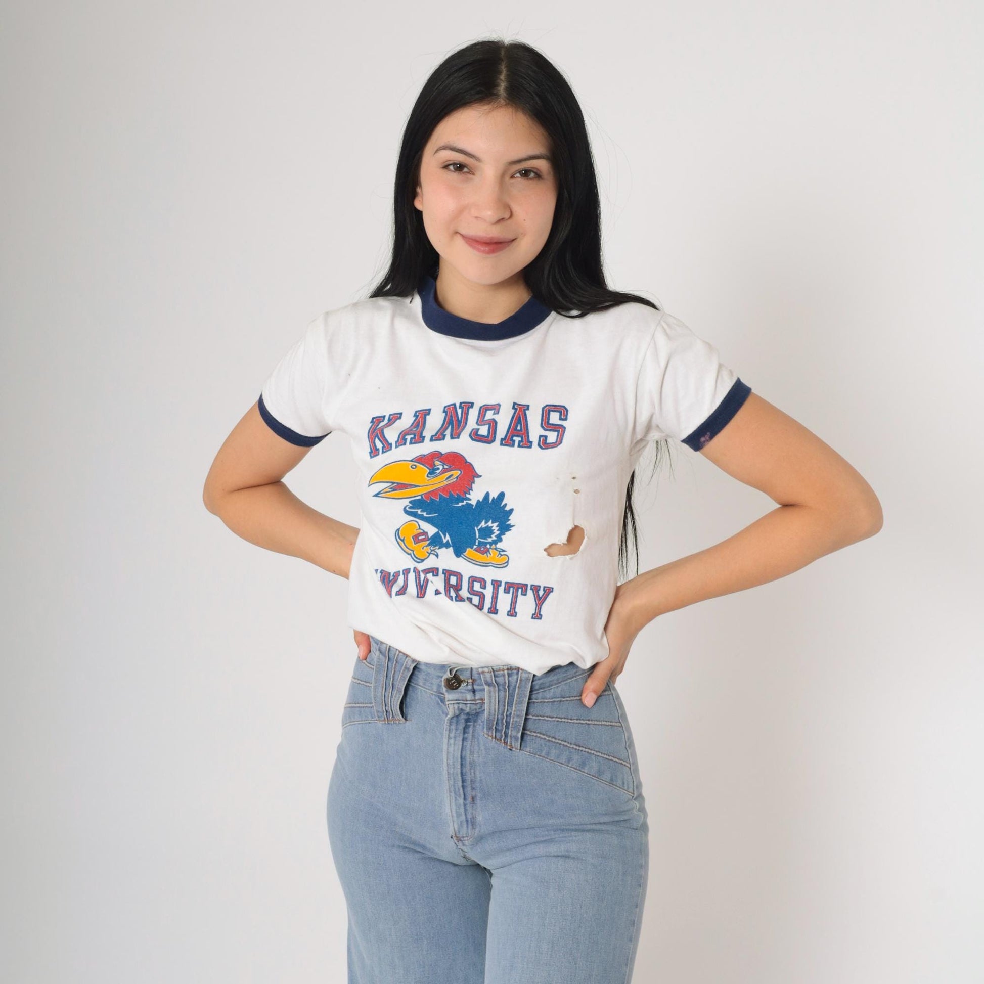 80s University of Kansas Jayhawks Ringer Tee White Graphic Athletic Shirt Small