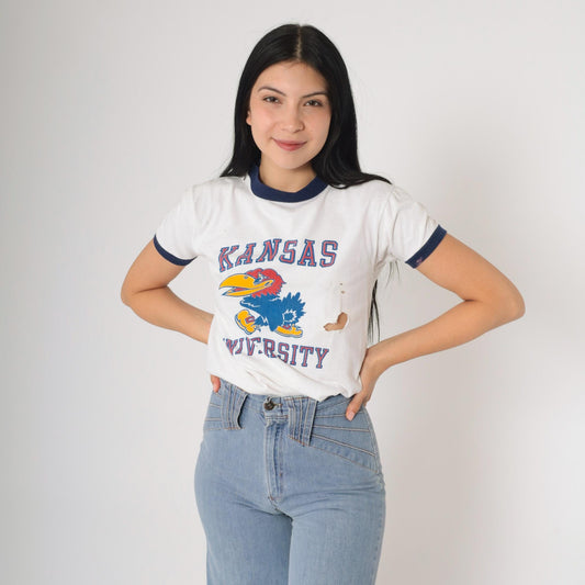 80s University of Kansas Jayhawks Ringer Tee White Graphic Athletic Shirt Small