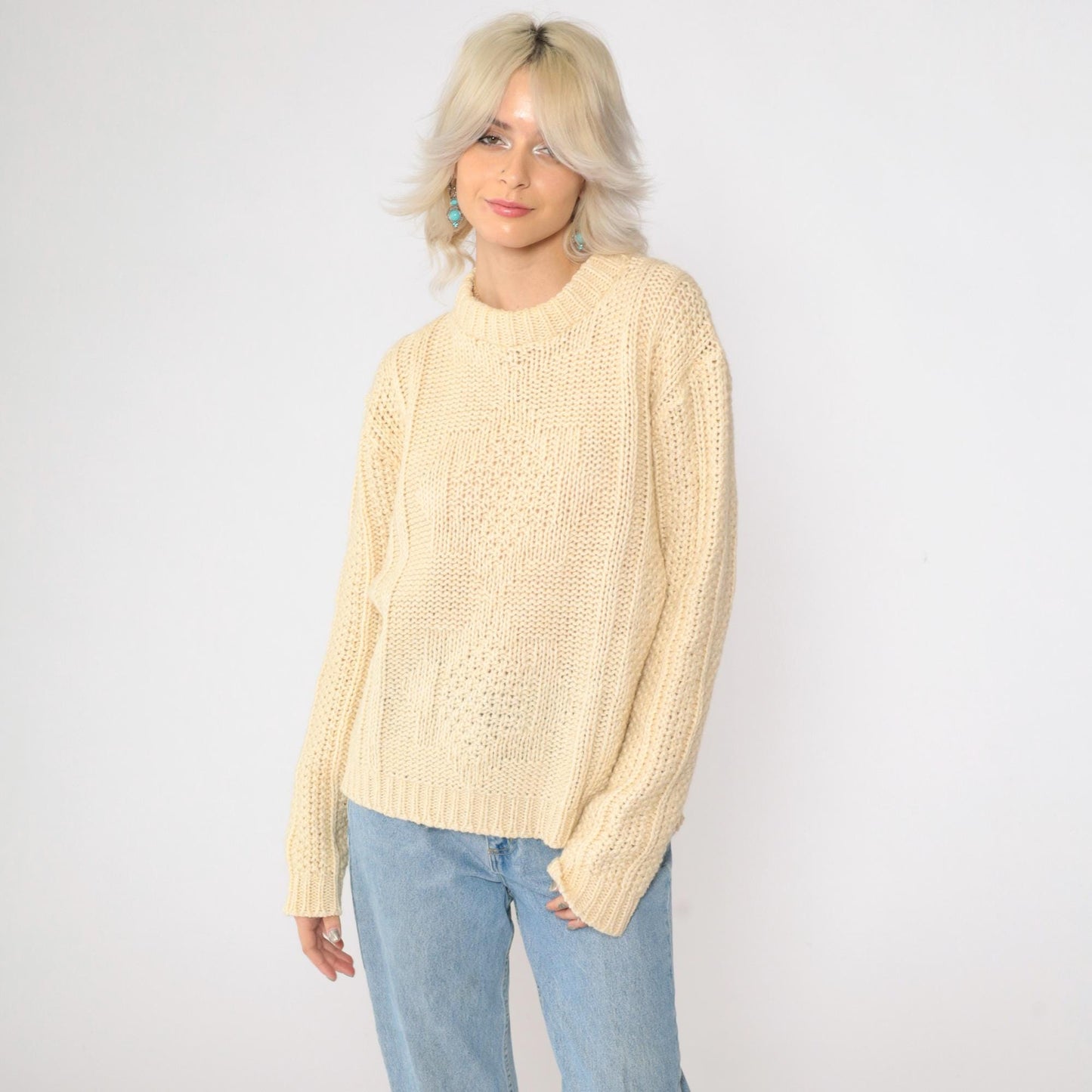 70s Inter Vale Wool Blend Sweater Cream Star Design Crewneck Large L