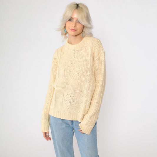 70s Inter Vale Wool Blend Sweater Cream Star Design Crewneck Large L