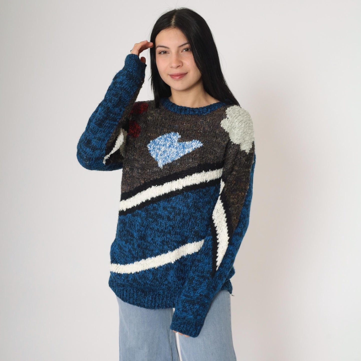 80s Geometric Space Dye Sweater Blue Striped Knit Pullover Small