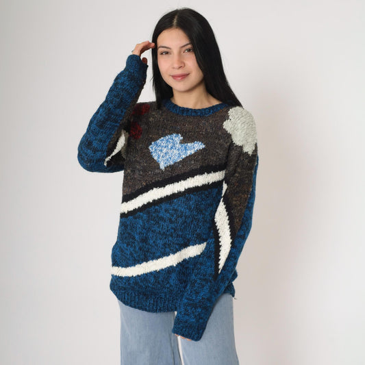 80s Geometric Space Dye Sweater Blue Striped Knit Pullover Small