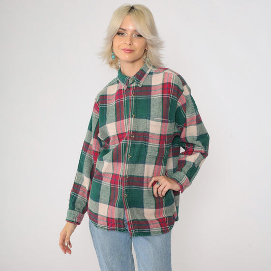 90s Sierra Pacific Green Pink Plaid Flannel Shirt Long Sleeve Medium M