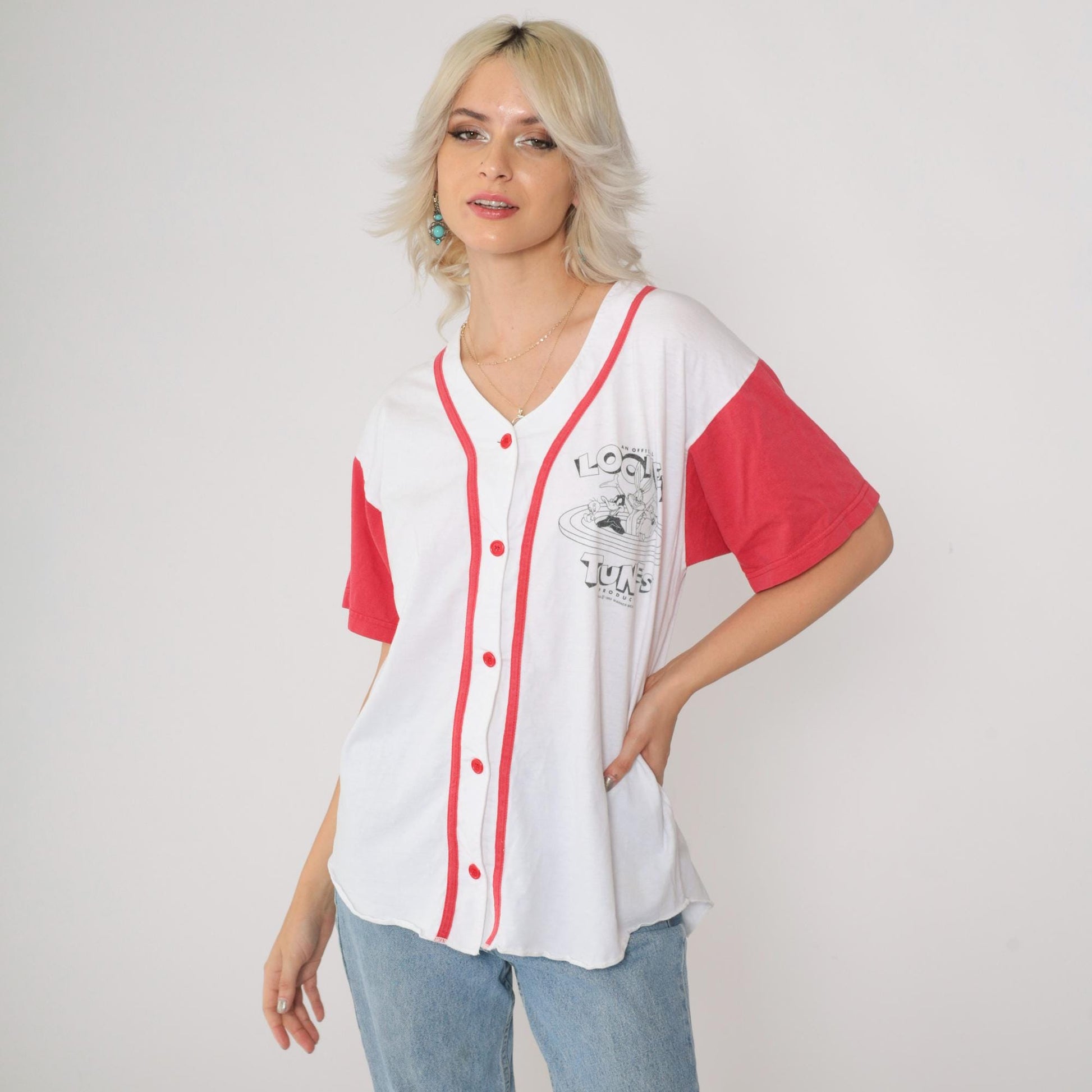90s Looney Tunes Baseball Shirt Warner Bros Graphic Button Up Cotton Medium