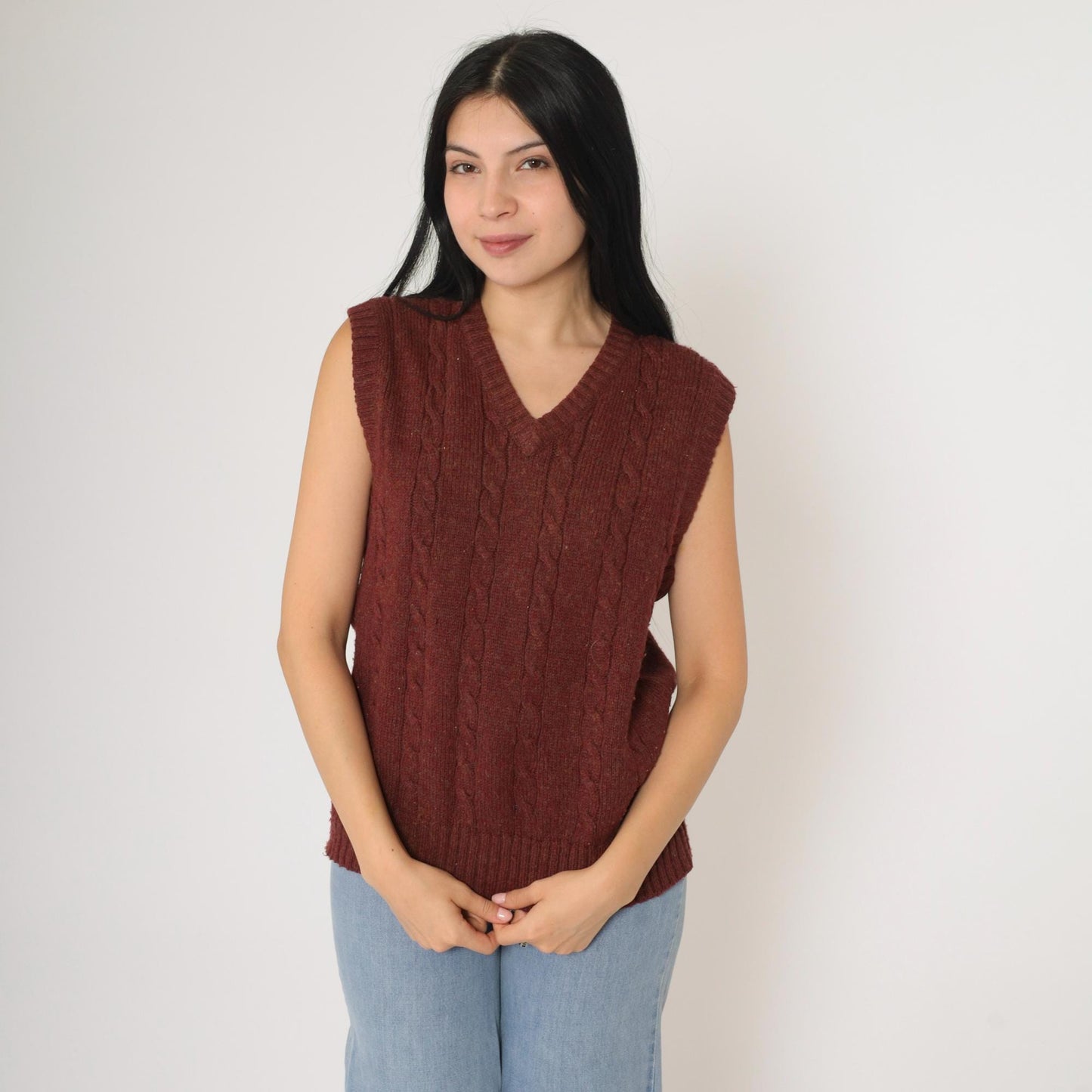 80s Gap Cable Knit Vest Burgundy Flecked V-Neck Sleeveless Sweater Medium