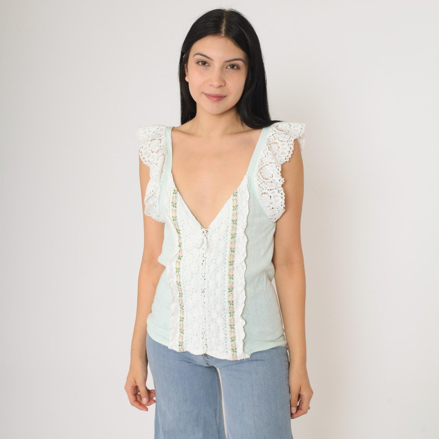 70s Mint Green Crochet Lace Tank Top V-Neck Lace-Up Sleeveless Blouse Medium