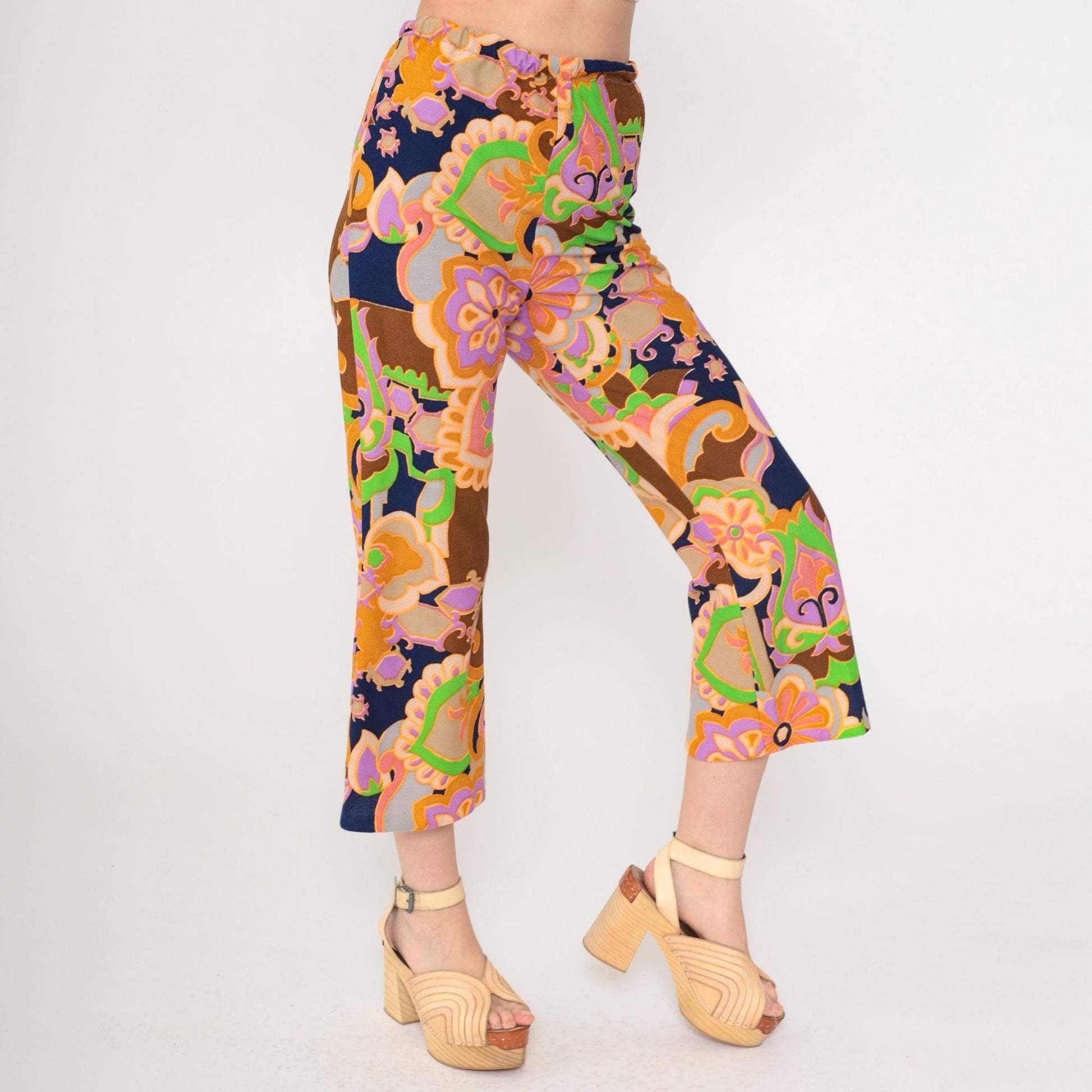 70s Psychedelic Floral Bell Bottom Pants High Waist Cropped Small