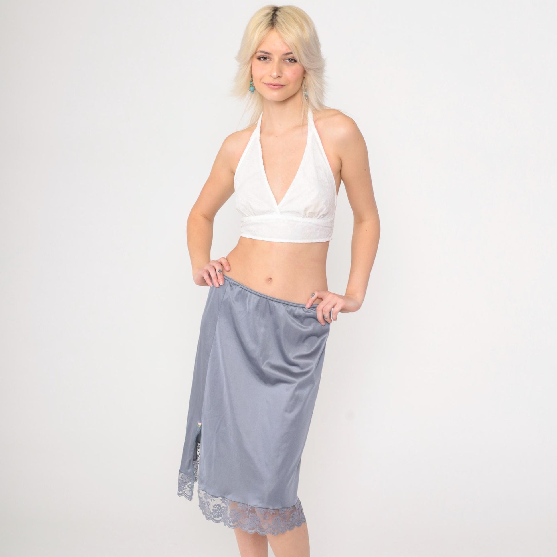 80s Grey Nylon Slip Skirt Lace Trim Rosette Side Slit Medium