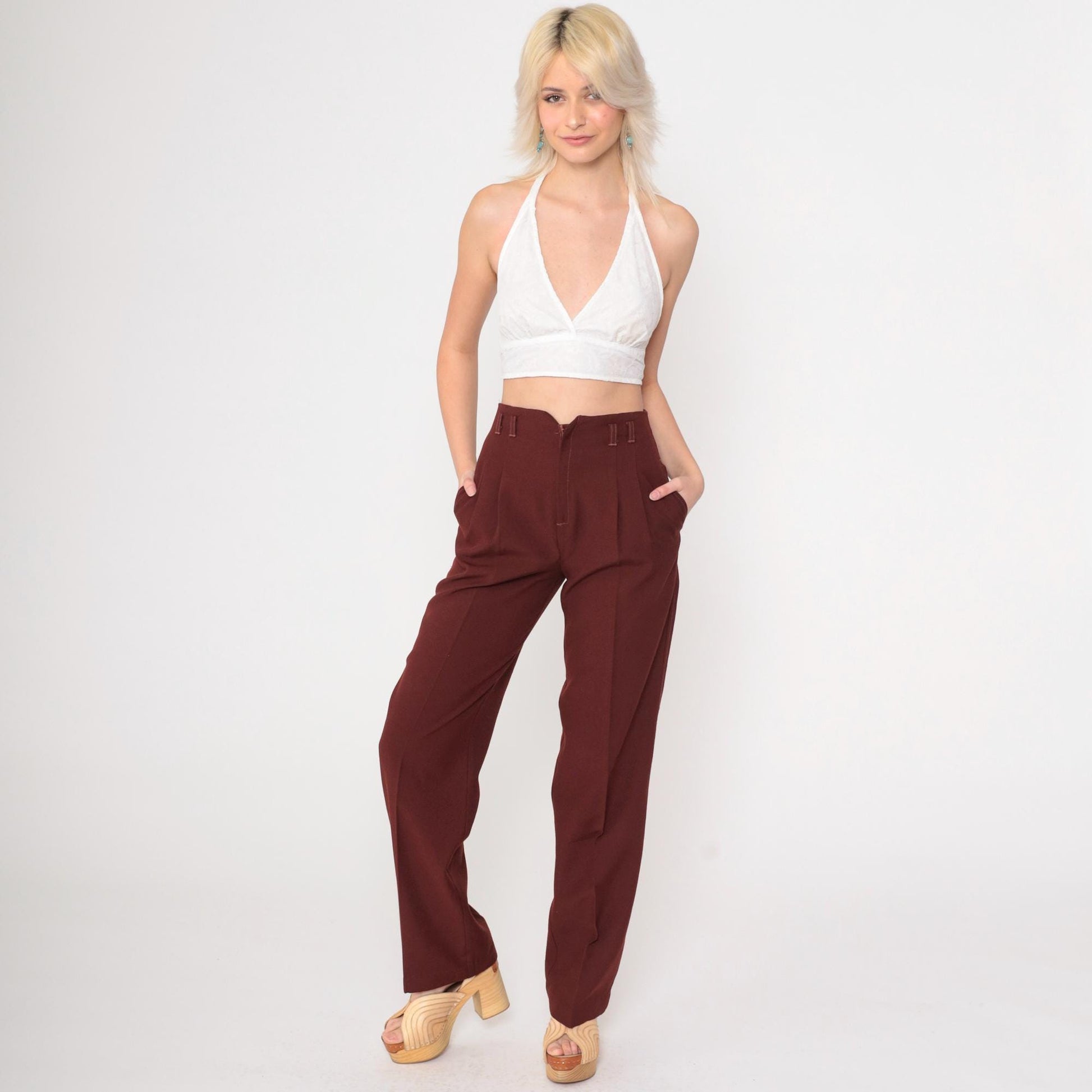 70s Ondo of California Brown Pleated High-Waist Straight Leg Trousers Small
