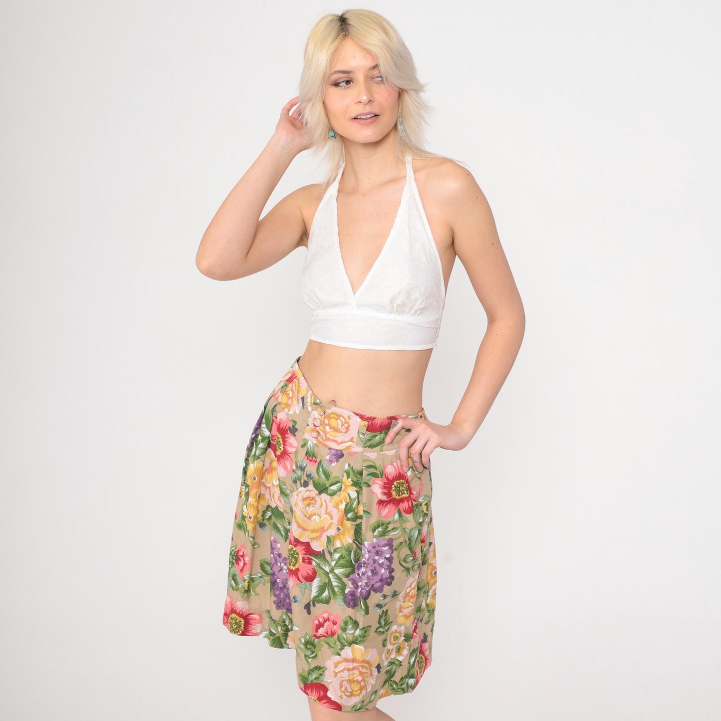 90s Lizwear Floral Pleated Shorts High Waist Rayon Tan Large 14