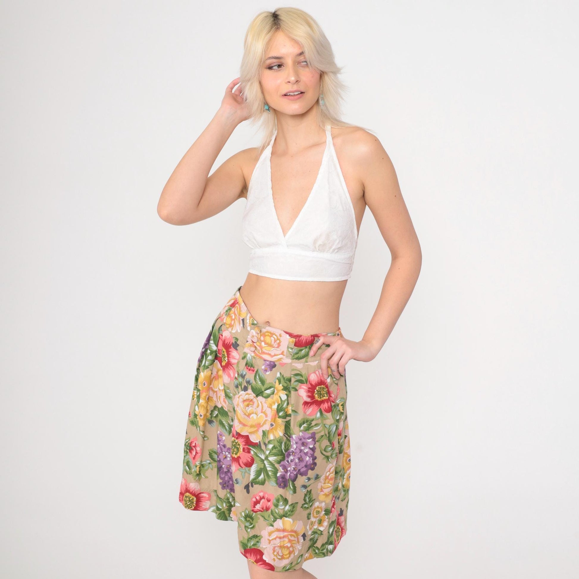 90s Lizwear Floral Pleated Shorts High Waist Rayon Tan Large 14