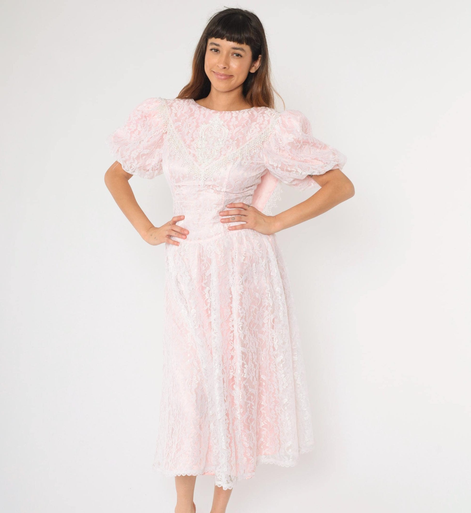 80s Gunne Sax Pink Lace Puff Sleeve Midi Dress White Overlay Small