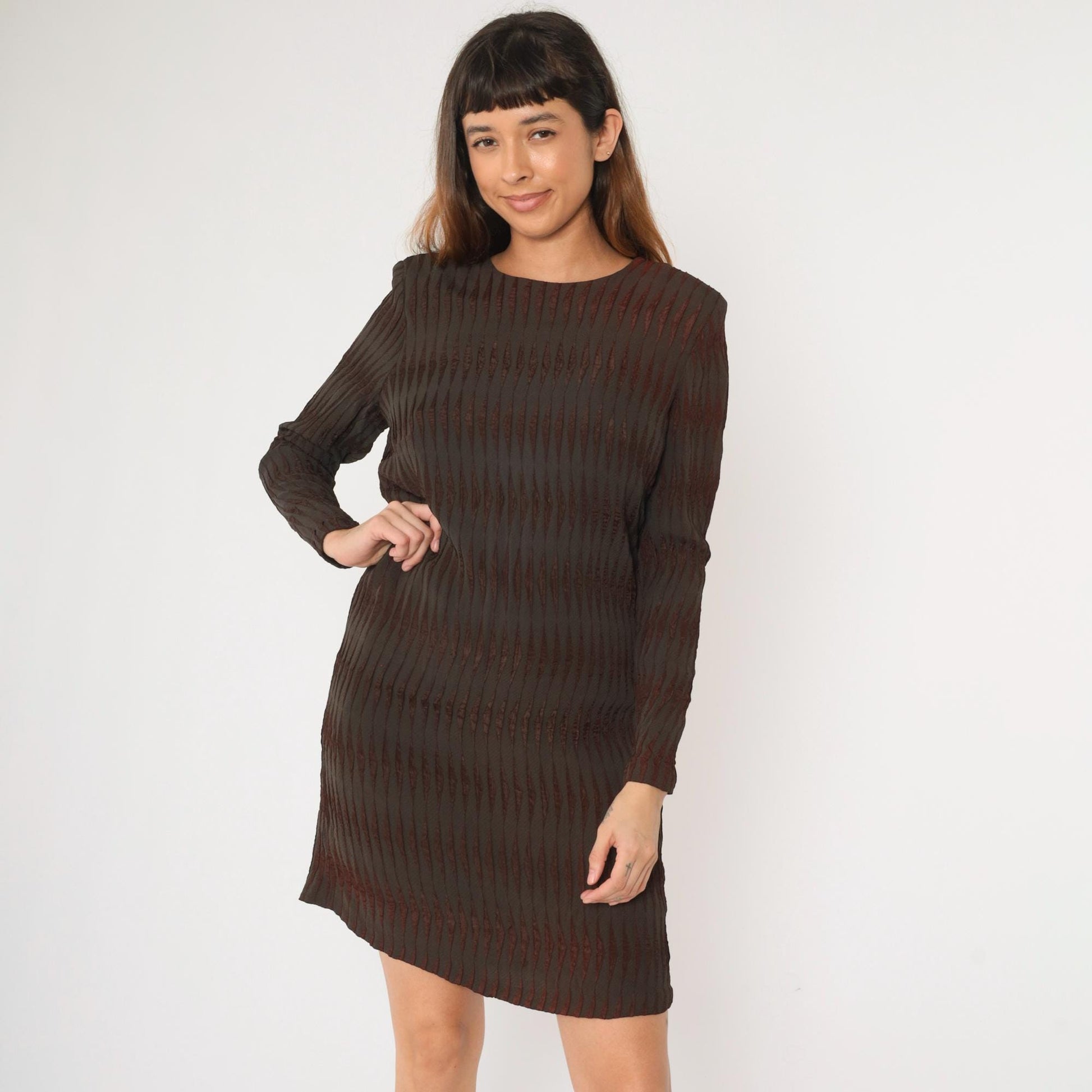 60s Milla Mod Mini Dress Dark Brown Striped Shift Long Sleeve Medium