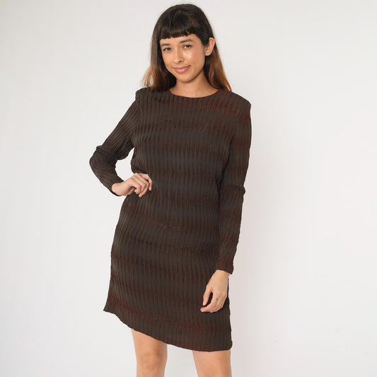60s Milla Mod Mini Dress Dark Brown Striped Shift Long Sleeve Medium