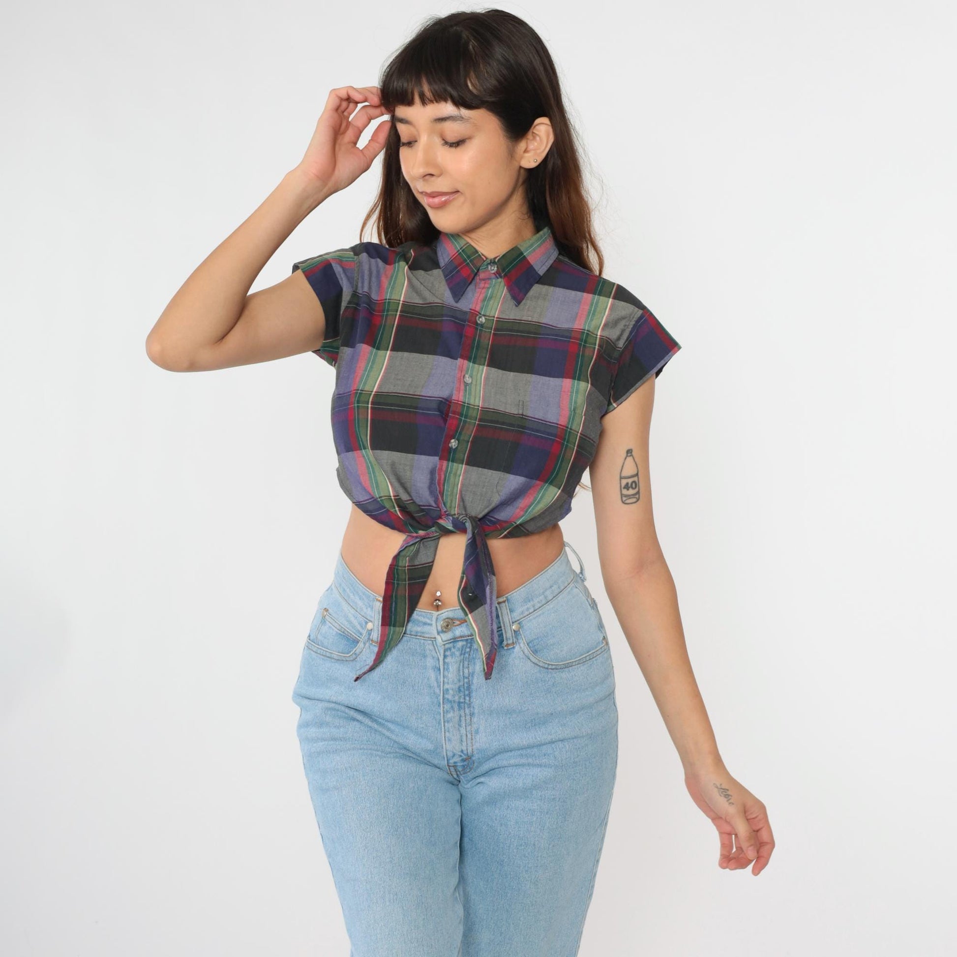 90s Checkered Crop Top Button Up Blouse Tie Waist Cap Sleeve Grey Small XS