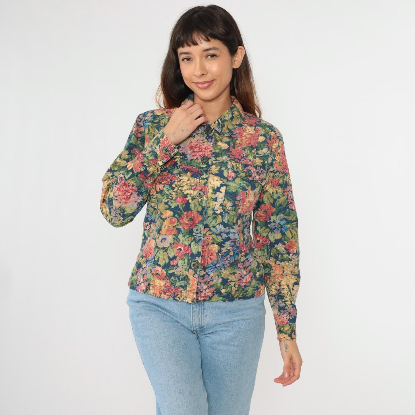 Y2K Coldwater Creek Floral Button-Up Blouse Long Sleeve Multicolor Print Medium