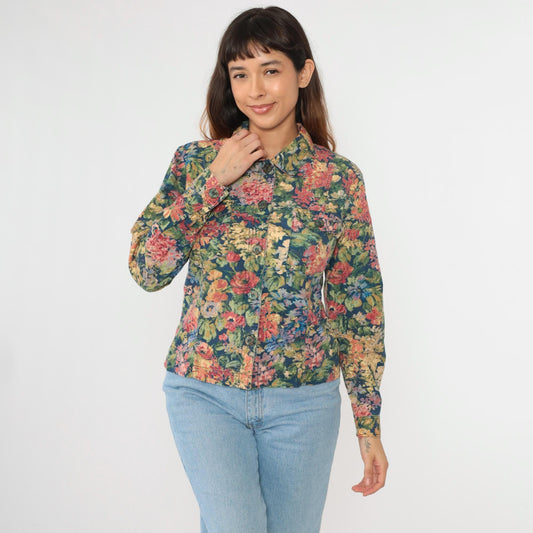 Y2K Coldwater Creek Floral Button-Up Blouse Long Sleeve Multicolor Print Medium