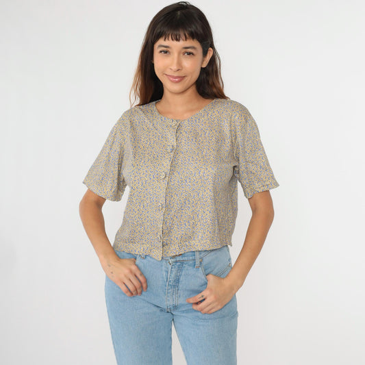 90s Talbots Petites Calico Floral Button-Up Blouse Periwinkle Cotton Small