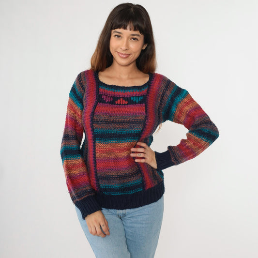 80s Striped Knit Sweater Rainbow Horizontal Stripes Balloon Sleeve Small