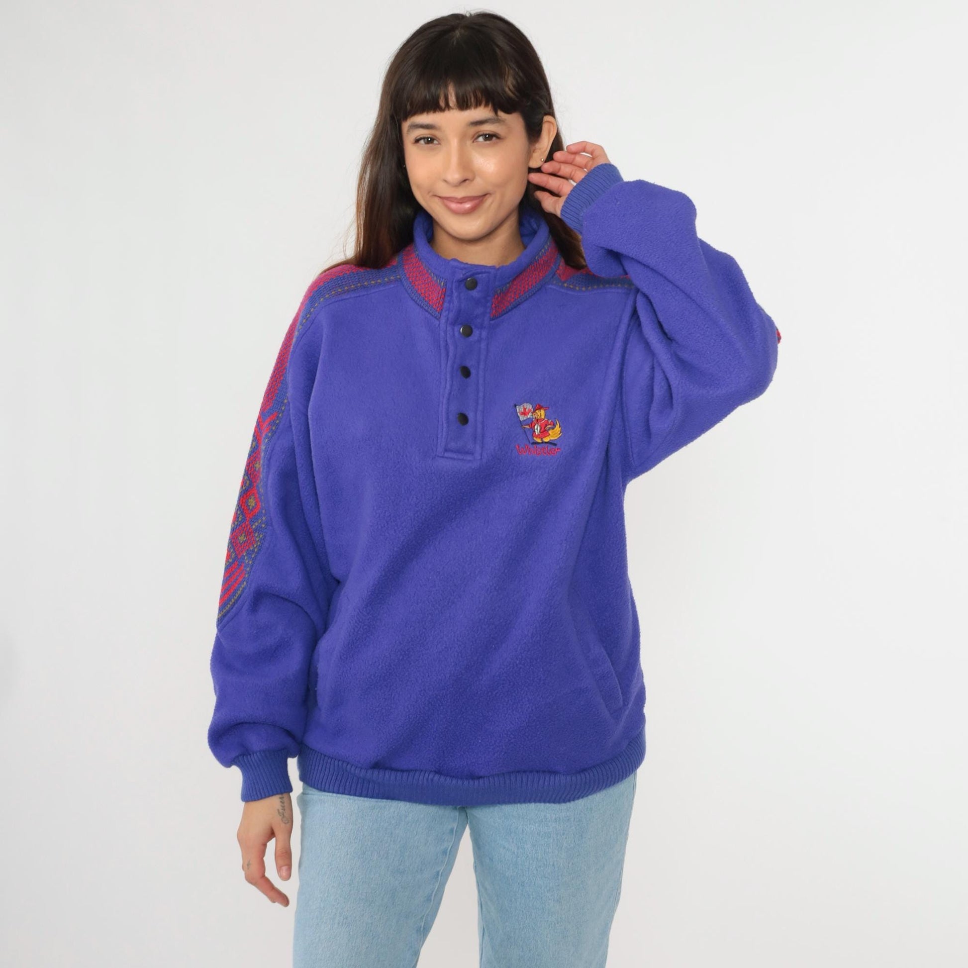90s Whistler Fleece Sweatshirt Purple Nordic Trim Snap Neck Medium M