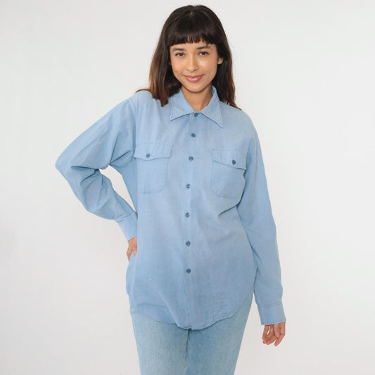 80s Blue Oxford Button-Up Shirt Paint Splatter Long Sleeve Large L