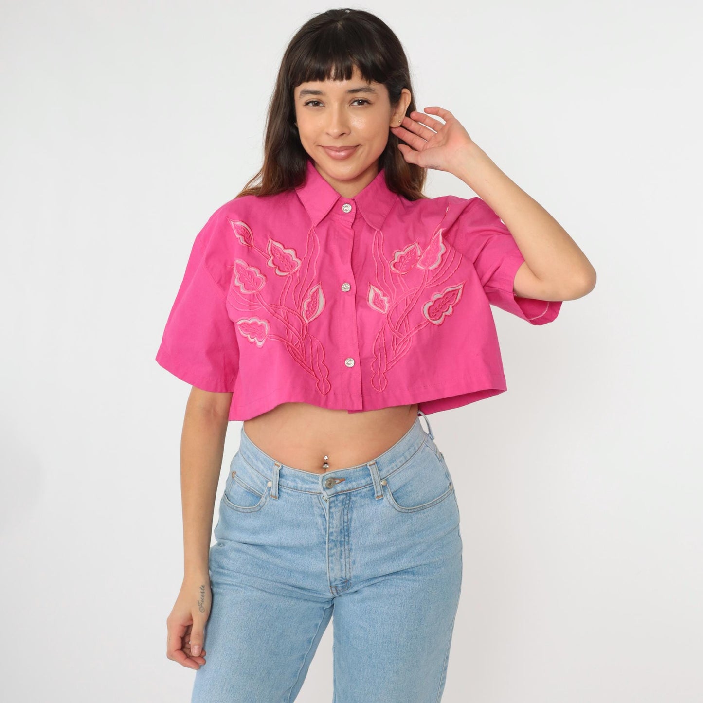 90s Pink Floral Embroidered Cutout Crop Blouse Button Up Medium Large