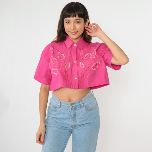 90s Pink Floral Embroidered Cutout Crop Blouse Button Up Medium Large