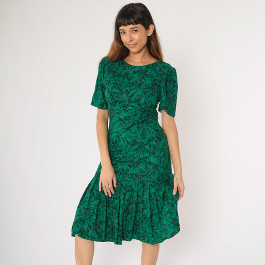 80s Green Abstract Leaf Print Midi Dress Puff Sleeve Drop Waist Small