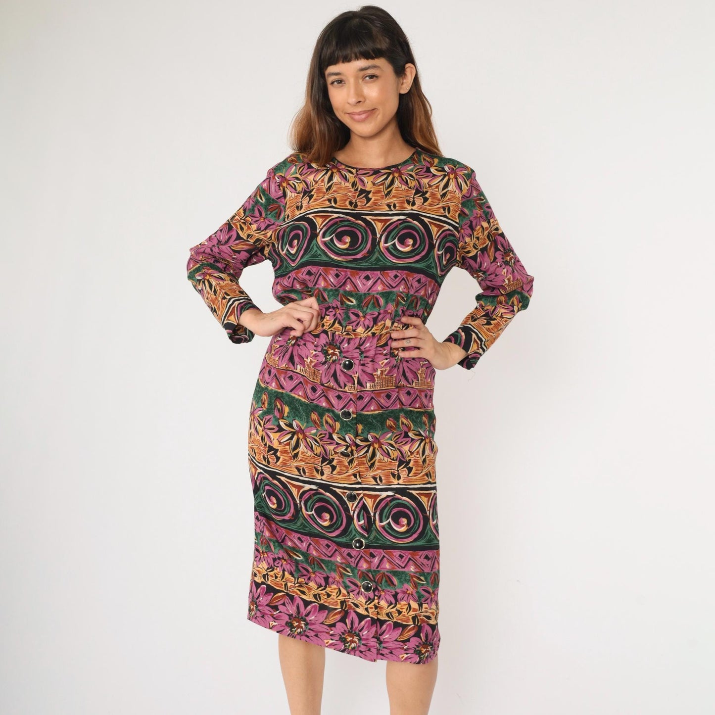 90s Geometric Floral Midi Dress Purple Green High Waist Long Sleeve Medium