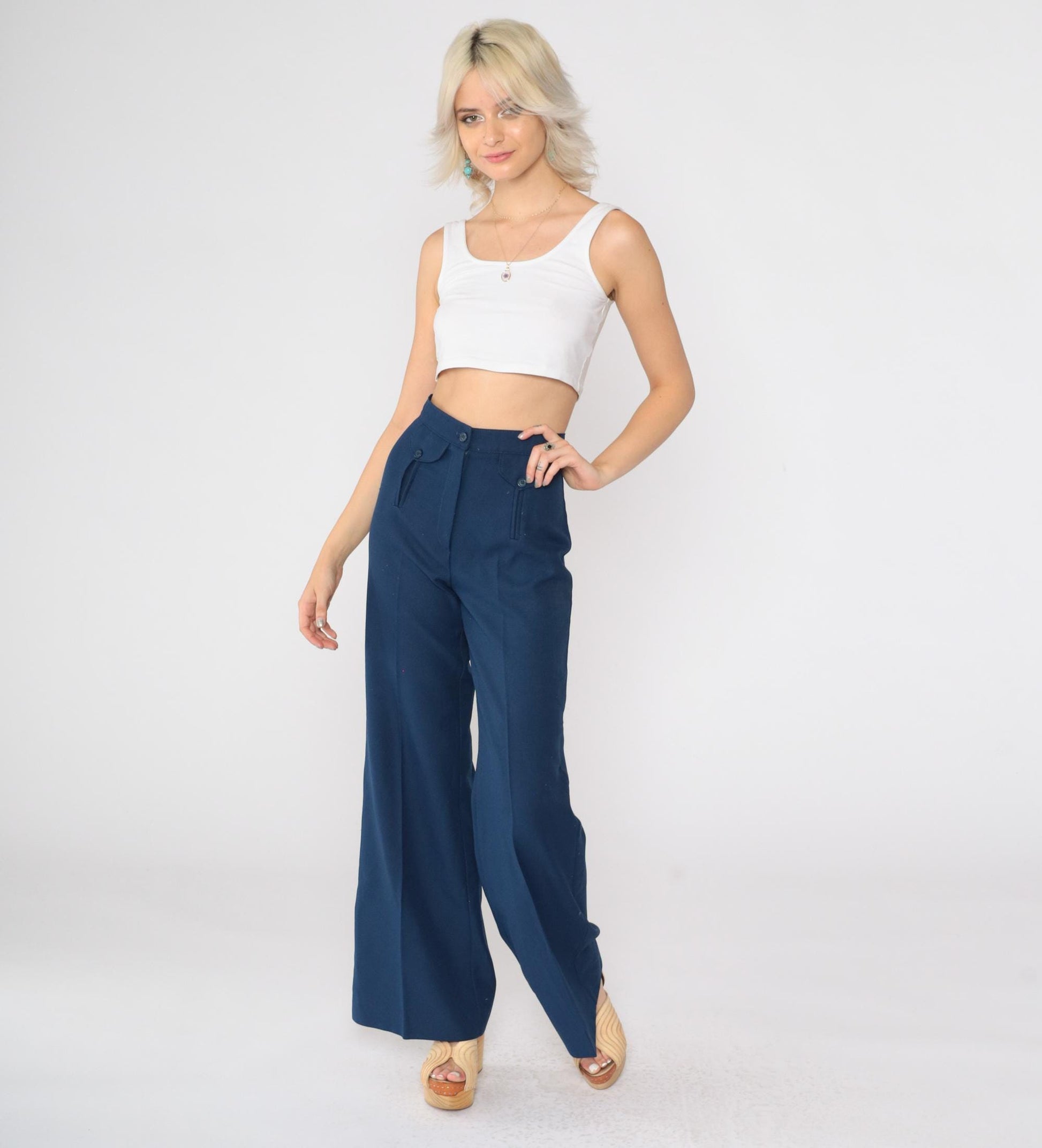 70s Navy Bell Bottom Pants High Waist Vintage Tomboy of California Extra Small