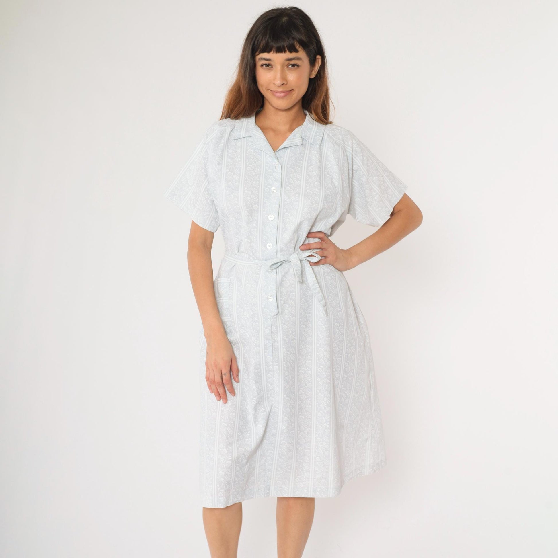 70s American Frock Baby Blue Floral Striped Midi Shirt Dress Large