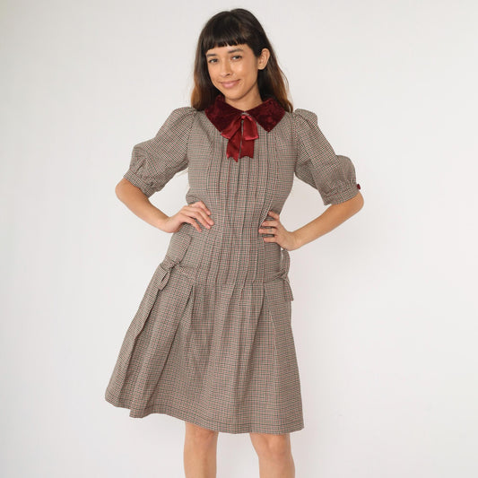 80s Bellville Sassoon Houndstooth Wool Dress Red Black Velvet Collar Knee Length Extra Small