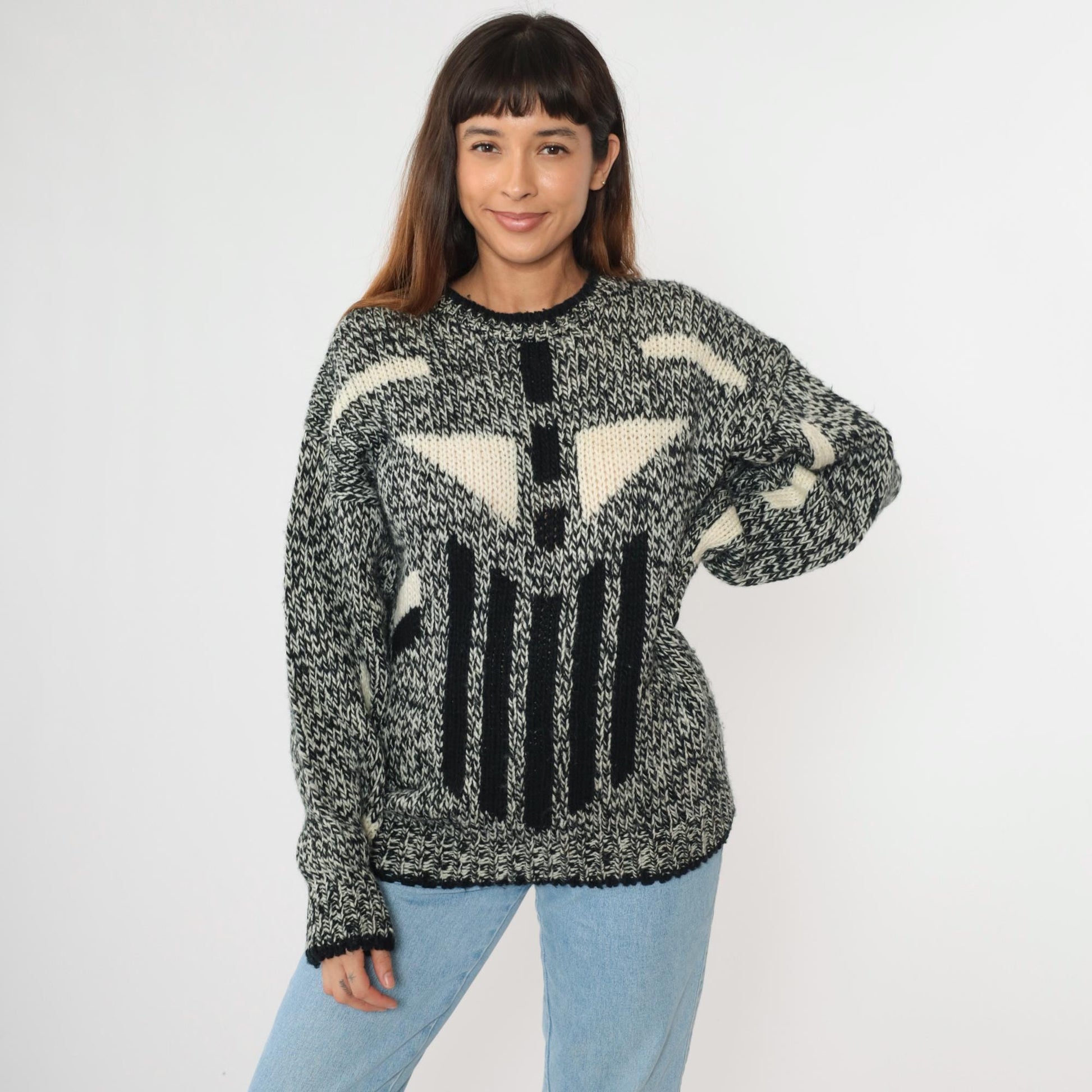 80s Michael Gerald Marled Knit Sweater Geometric Black White Crewneck Medium M