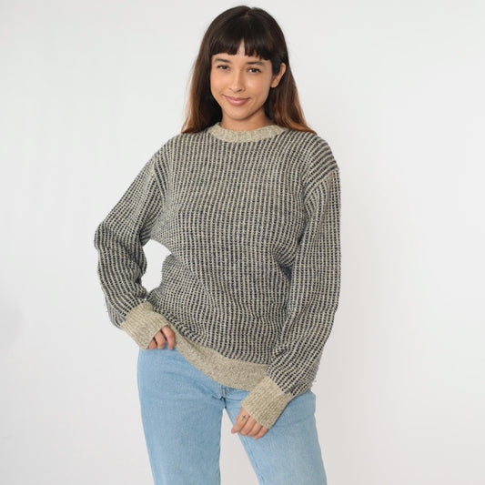 80s Wool Blend Striped Sweater Beige Navy Crew Neck Ribbed Knit Large L