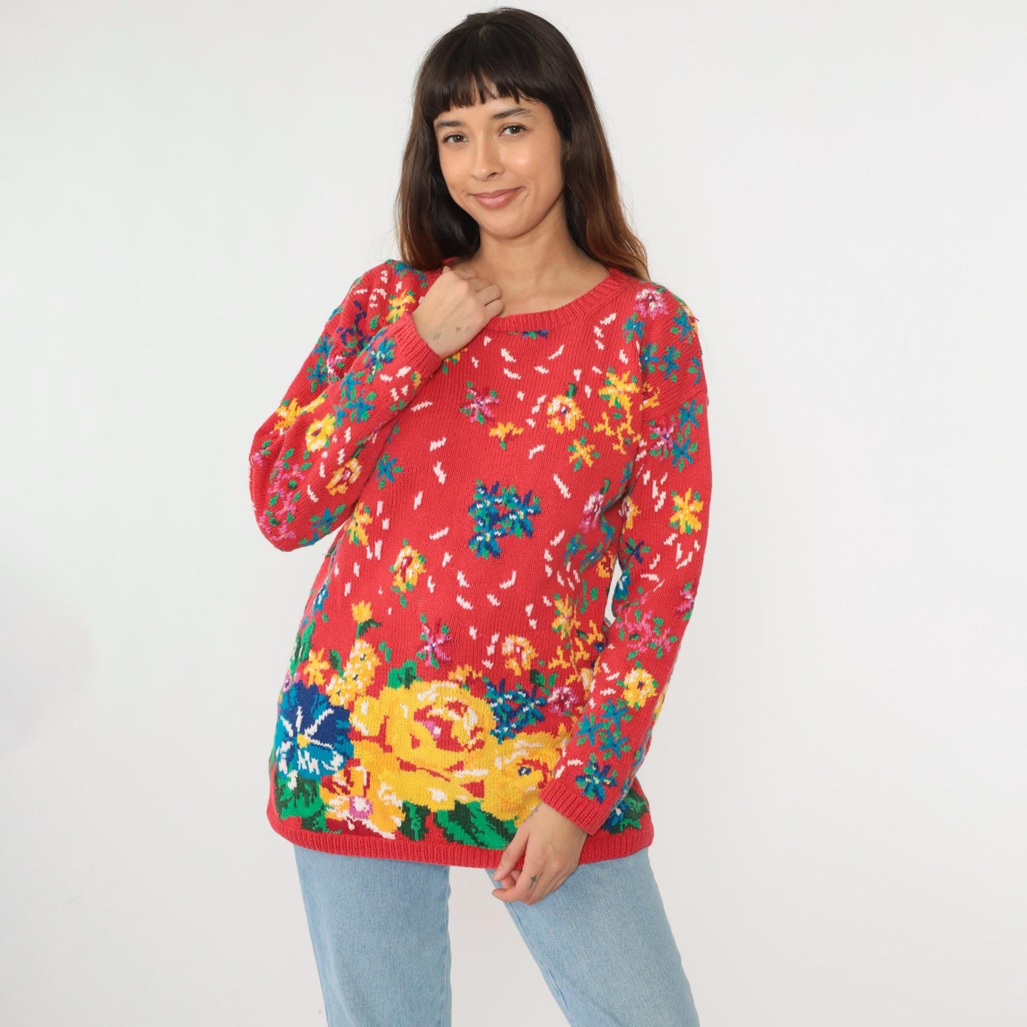 90s Adrienne Cittadini Red Floral Cotton Knit Sweater Crewneck Medium M