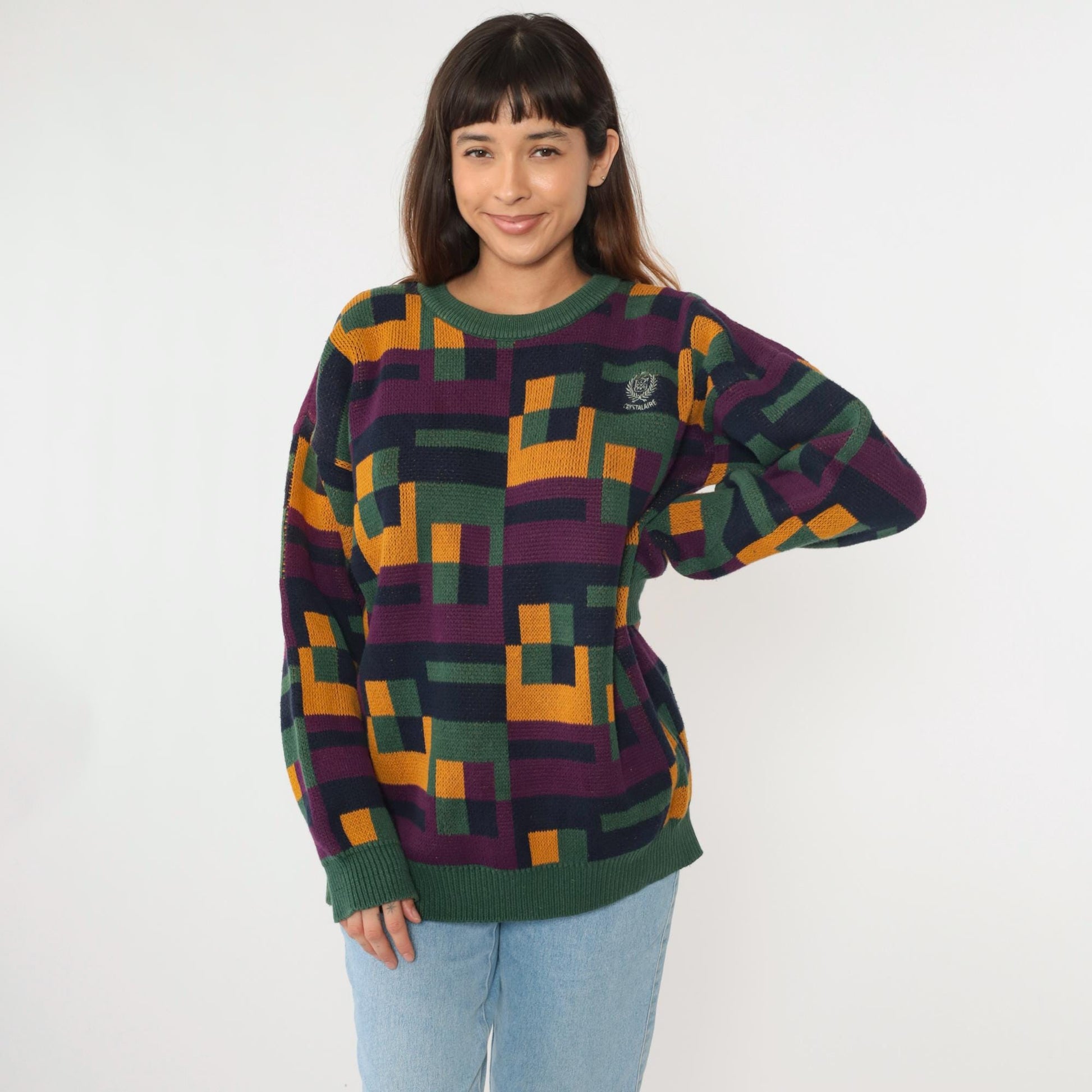 90s Izod Club Crystalaire Geometric Pullover Green Yellow Purple Cotton Large L